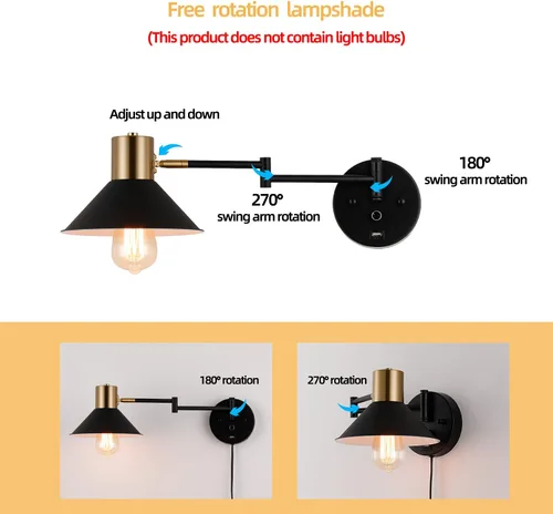 Miniatura 3 de Lámpara de Pared con Brazo Oscilante Enchufable, Apliques de Pared Ajustables, Luz de Lectura Industrial Vintage, Luz de Montaje en Pared junto a