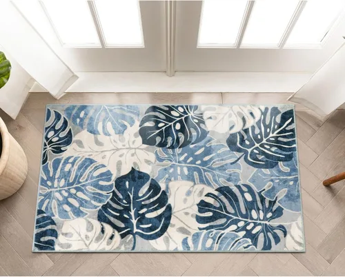Wonnitar Leaf - Alfombra de cocina de 2x3 pies, alfombra azul pequeña para baño, alfombra decorativa lavable para mesita de noche, planta de