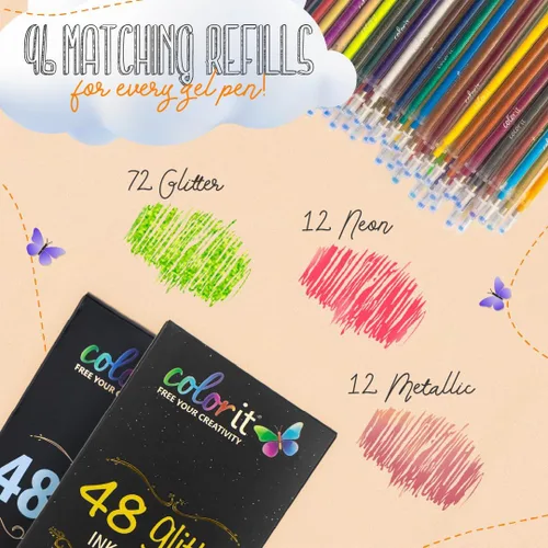 Miniatura 6 de ColorIt Juego de bolígrafos de gel para colorear, paquete de 192 con 12 bolígrafos metálicos, 12 neón, 72 bolígrafos de gel con purpurina, 96