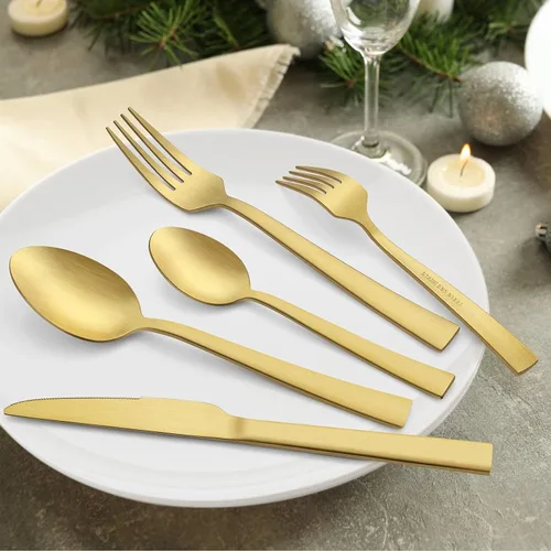 Miniatura 3 de E-far - Juego de cubiertos de 20 piezas de acero inoxidable mate para 4, cubiertos de metal para comer, incluye tenedores, cucharas, cuchillos, Oro