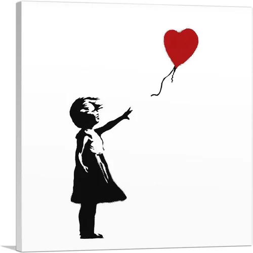 ARTCANVAS Banksy - Lienzo decorativo con diseño de niña con globo (cuadrado de fondo blanco), pintura enmarcada estirada, póster para decoración de