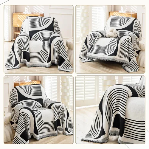 Miniatura 2 de WEYOND Funda de Sofá Boho de Chenilla con Borlas, Funda de Sofá Bohemia para Sofá de 1 Cojín, Sillón, Silla, 1 Plaza (71" x 91", Negro)