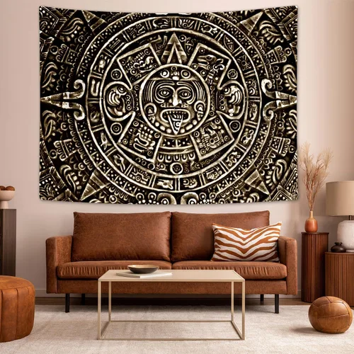 Tapiz maya azteca para colgar en la pared, vista cercana de la historia del antiguo calendario azteca de la civilización maya, decoración artística