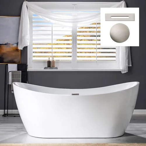 Miniatura 17 de WOODBRIDGE BTA1516 BG - Bañera independiente de acrílico de 59 pulgadas, bañera blanca de remojo contemporáneo con desbordamiento y drenaje de oro