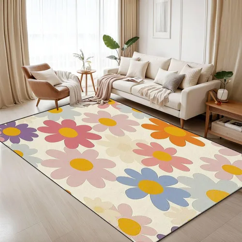 Alfombras bohemias de 6 x 9 pulgadas, estilo floral, estilo años 70, diseño de margaritas, retro, floral, ingenuo, lavable, alfombra de pelo bajo,
