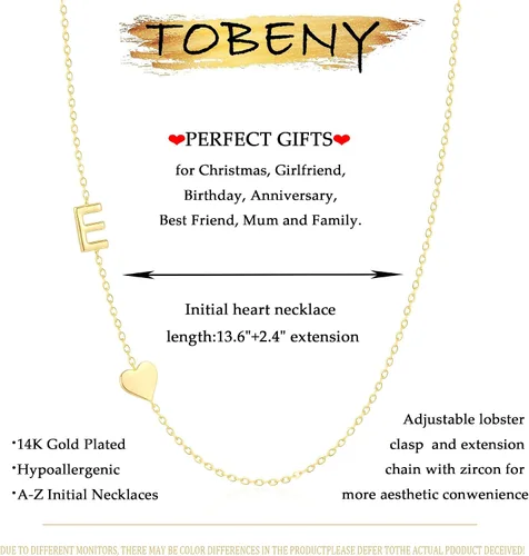 Miniatura 5 de TOBENY Collar con inicial lateral para mujer, delicado collar de gargantilla con letra de corazón, chapado en oro de 14 quilates, collar
