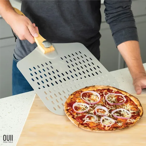 Miniatura 6 de Pala de Pizza Perforada de 12 x 14 Pulgadas. - Espátula de Metal de Aluminio para Parrilla con Mango Plegable. Accesorios y Herramientas para Horno