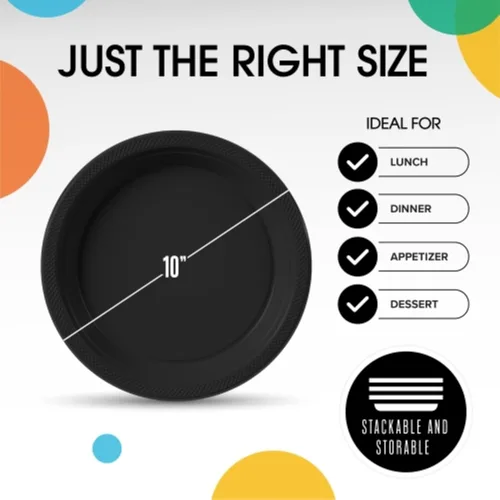 Miniatura 2 de Party Solids Platos de plástico negro para fiesta, platos desechables negros de 10 pulgadas para suministros de fiesta, 100 piezas