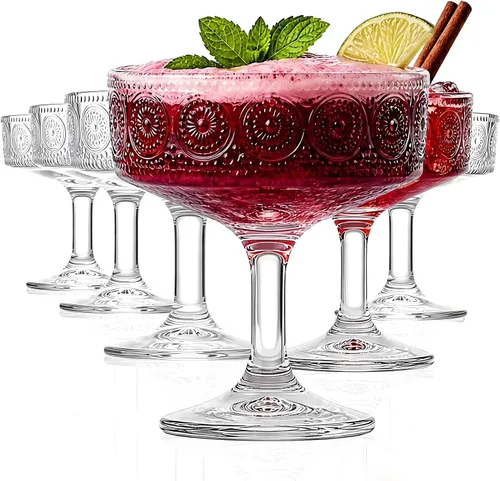 Pumtus Juego de 6 vasos cupé vintage, 7 onzas de vidrio de Martini en relieve, copas de cóctel florales acanaladas, taza de Margarita transparente