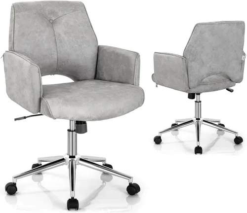 Giantex Silla de escritorio de oficina en casa, silla de escritorio de piel sintética con ruedas y reposabrazos, altura ajustable, moderna silla de