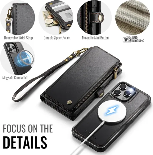 Miniatura 8 de Defencase Funda magnética para iPhone 13 Pro compatible con Magsafe con bloqueo RFID, correa de cremallera y tarjetero para mujer, funda de piel