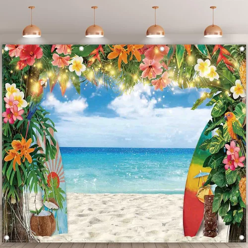 Miniatura 2 de Telón de fondo de tela de 10 x 8 pies para fotografía de playa hawaiana de verano, flores tropicales, hojas de palma, fondo de tabla de surf