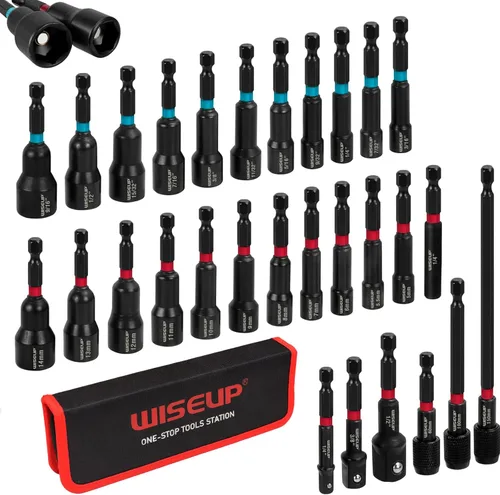 WISEUP Juego de 29 destornilladores de tuercas magnéticas, juego de brocas de impacto y vástago hexagonal de 1/4 pulgadas, destornilladores de