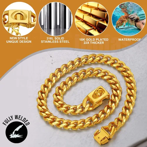 Miniatura 4 de Collares de Cadena de Perro de Oro LuxLife Collar de Perro de Oro 10mm Collar de Perro de Oro de Eslabones Cubanos de Acero Inoxidable Collar