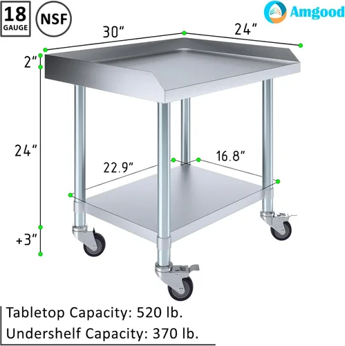 Miniatura 3 de AmGood Soporte para equipo de acero inoxidable con estante inferior + ruedas, resistente, grado comercial, certificado NSF