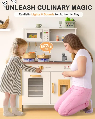 Miniatura 2 de Babytronic Cocina de Juego para Niños, Set de Cocina de Madera para Niños de 3+ Años con Luces Reales, Sonidos, Estufa, Fregadero, Horno, y 30 Blanco