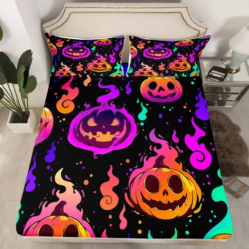Miniatura 10 de Juego de ropa de cama de Halloween con patrón de sombras kawaii, sábana bajera tamaño queen, decoraciones de calabaza, luces de calabaza góticas