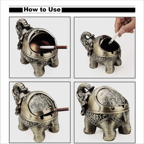 Miniatura 4 de LAUYOO Cenicero de metal con tapa de elefante a prueba de viento, ceniceros al aire libre, cenicero para interiores para malas hierbas, decoración