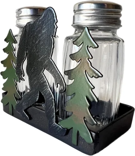 Miniatura 3 de Bigfoot Sasquatch Yeti - Juego de salero y pimentero, silueta de metal, escena silvestre con cocteleras de vidrio, decoración artística de montaña