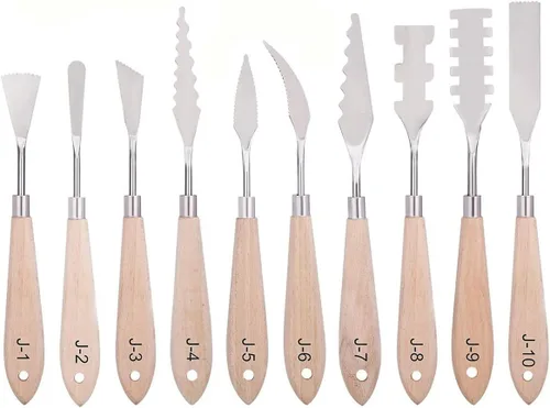 Juego de cuchillos de pintura – 10 piezas de espátula de acero inoxidable, herramientas de pintura, cuchillos de metal, mango de madera con