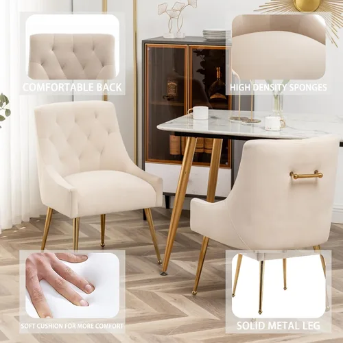 Miniatura 4 de Juego de 2 sillas de comedor, sillas de comedor modernas de terciopelo con patas doradas, elegantes sillas decorativas acolchadas para recepción