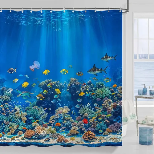 Miniatura 9 de Juego de cortinas de ducha relajadas con diseño de ondas de arte japonés impermeable, cortina de ducha para baño, divertida escena de vacaciones