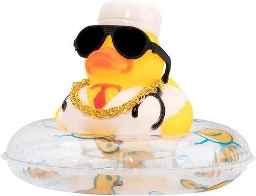 Miniatura 12 de wonuu Adorno de pato de goma para automóvil, accesorios de decoración de tablero de instrumentos con mini collar de anillo de natación y gafas de sol