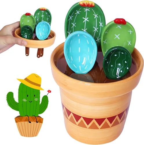 Miniatura 8 de Juego de cucharas medidoras de cactus en maceta, lindas cucharas y tazas medidoras de cerámica, cuchara para cactus de cocina con soporte, tazas 2