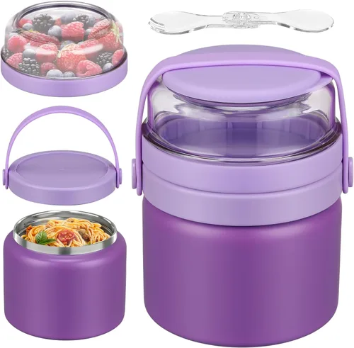 Miniatura 8 de Termo 2 en 1 para alimentos calientes con contenedor de bocadillos Tritan de 13.5 oz, tarro de alimentos aislado para almuerzo de niños, tarro