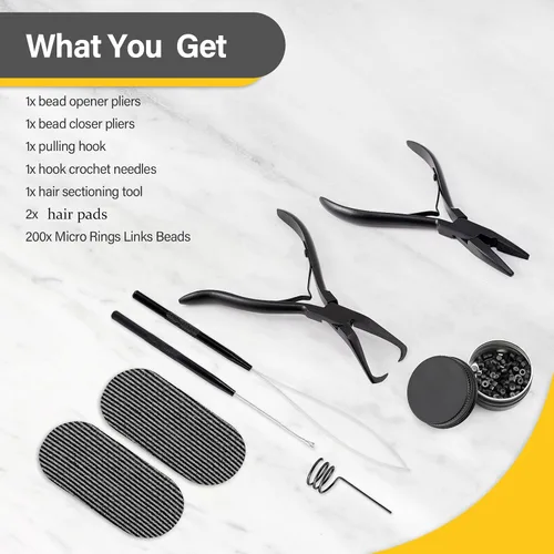 Miniatura 2 de Gomake Microlinks - Kit de extensiones de cabello, alicates para cerrar y quitar extensiones de cabello, gancho para tirar de microcuentas y Negro
