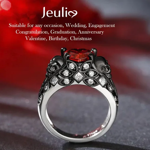 Miniatura 5 de Jeulia Juego de anillos de compromiso de calavera de 2.55 quilates, plata de ley con corte de corazón, diamantes rojos, anillos de rubí, circonita
