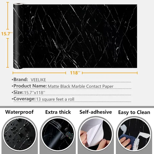 Miniatura 8 de VEELIKE Papel tapiz de mármol negro mate para encimeras de cocina de 15.7 x 118 pulgadas, papel de contacto de mármol impermeable, autoadhesivo