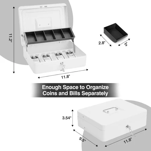 Miniatura 7 de Caja de dinero grande con cerradura de llave y bandeja de dinero, caja de dinero con bandeja para efectivo, caja fuerte con cerradura para oficina