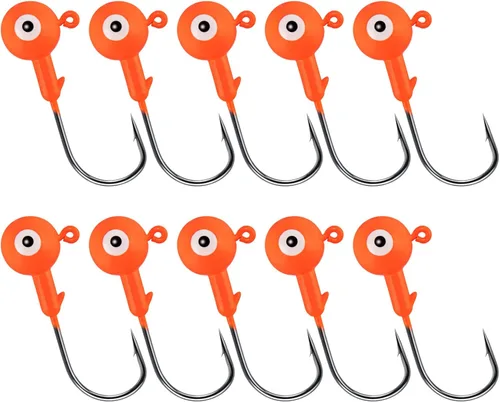Alwonder Paquete de 10 cabezas redondas de pesca, ganchos de róbala de lubina, ojos 3D, acero de alto carbono, 1/8-1/2 onzas, cabeza de plantilla de