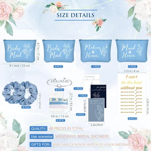 Miniatura 2 de 48 piezas de 8 juegos de regalos de propuesta de dama de honor, regalos a granel de boda Will You Be My Maid of Honor Matron of Honor, bolsas de Azul