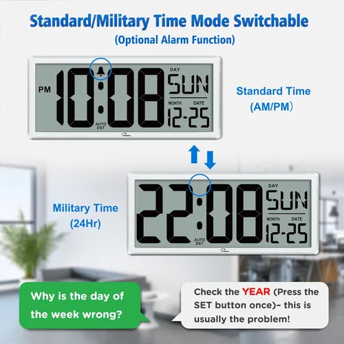 Miniatura 4 de WallarGe Reloj de pared digital grande de 14.5 pulgadas, funciona con pilas, con números gigantes, temperatura y fecha, fácil de leer y configurar