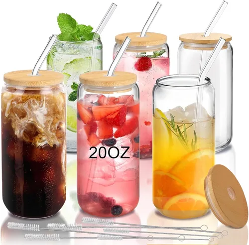 Miniatura 12 de Juego de 2 tazas de vidrio con tapas y pajitas, tazas de café helado con tapas para cerveza fría y cerveza, vidrio en forma de lata de 20 onzas