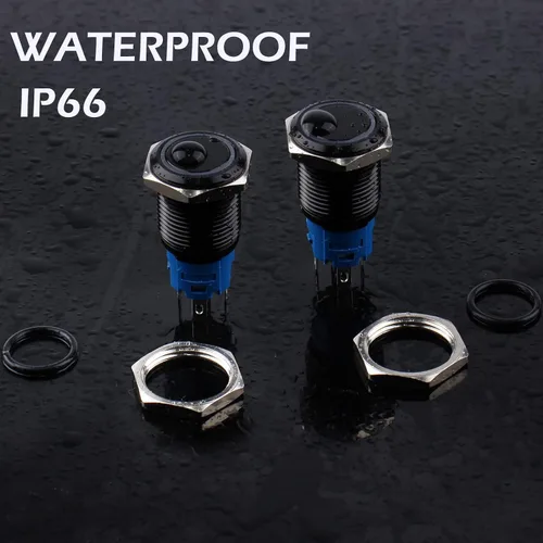 Miniatura 5 de 2 piezas de interruptor de botón de presión momentáneo de 16 mm 12V-24V LED de anillo 1NO 1NC impermeable (ON)-Apagado Cáscara de botón de metal