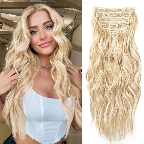Miniatura 37 de NAYOO Extensiones de cabello con clip, de 20 pulgadas, largo, ondulado, rizado, rubio ceniza, extensiones de cabello sintético de cabeza completa