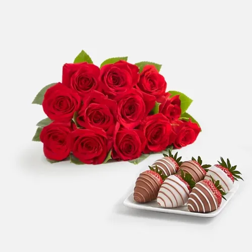 Shari's Berries Juego de regalo de 12 rosas rojas clásicas y 6 fresas cubiertas de chocolate | Caja de regalo de chocolate y flores frescas |