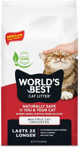 WORLD'S BEST CAT LITTER Múltiples gatos sin perfume, 15 libras, ingredientes naturales, aglutinación rápida, desechable, 99% libre de polvo y