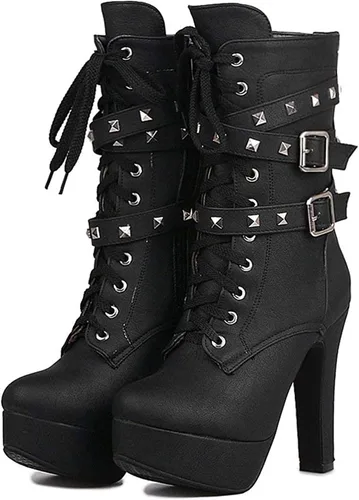 Miniatura 2 de ForeMode- Botines de otoño de tacón alto para mujer con cordones puntera redonda tacón grueso y plataforma Botines modelo Knight Martin