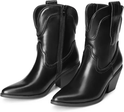 Miniatura 4 de DREAM PAIRS Botas de tobillo vaqueras para mujer, estilo occidental, botas de pantorrilla suave, tacón bajo y grueso, puntera puntiaguda, botines