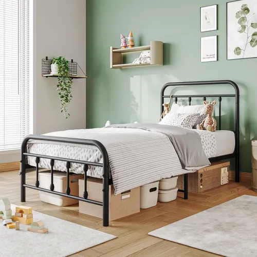 Base de cama de tamaño individual vintage con cabecera y estribo, plataforma de metal resistente, soporte de listones de acero (individual, negro