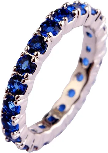 Narica Anillo de 21 piedras chapadas en plata, apilables, corte redondo, zafiro azul, circonita cúbica, relleno de circonita cúbica, halo de