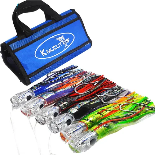 KMUCUTIE Juego de 6 señuelos de pesca de 9 pulgadas, 7 pulgadas, 6.5 pulgadas, marlin, atún, delfín, tiburón, gran juego, señuelos de pesca en mar