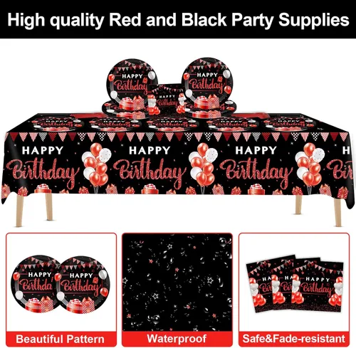 Miniatura 3 de Suministros de fiesta de cumpleaños rojo y negro, confeti con chispas de feliz cumpleaños, incluye platos de fiesta, servilletas, tenedor y mantel