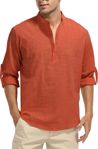 LecGee Mens Cotton Linen Henley Shirt Long Sleeve Casual Beach Hippie T-Shirts Lightweight Yoga Tee Tops