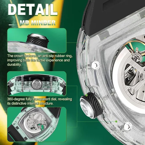 Miniatura 6 de MINBER Reloj automático de esqueleto, esfera de 1.693 in con manecillas luminosas, reloj de cuerda automática, resistente al agua 3 ATM, plástico