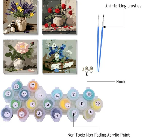 Miniatura 3 de FQOVKYN Paquete de 4 marcos con flores para pintar por números para adultos, kit DIY de artista para pintar por números de jarrón en lienzo, kit
